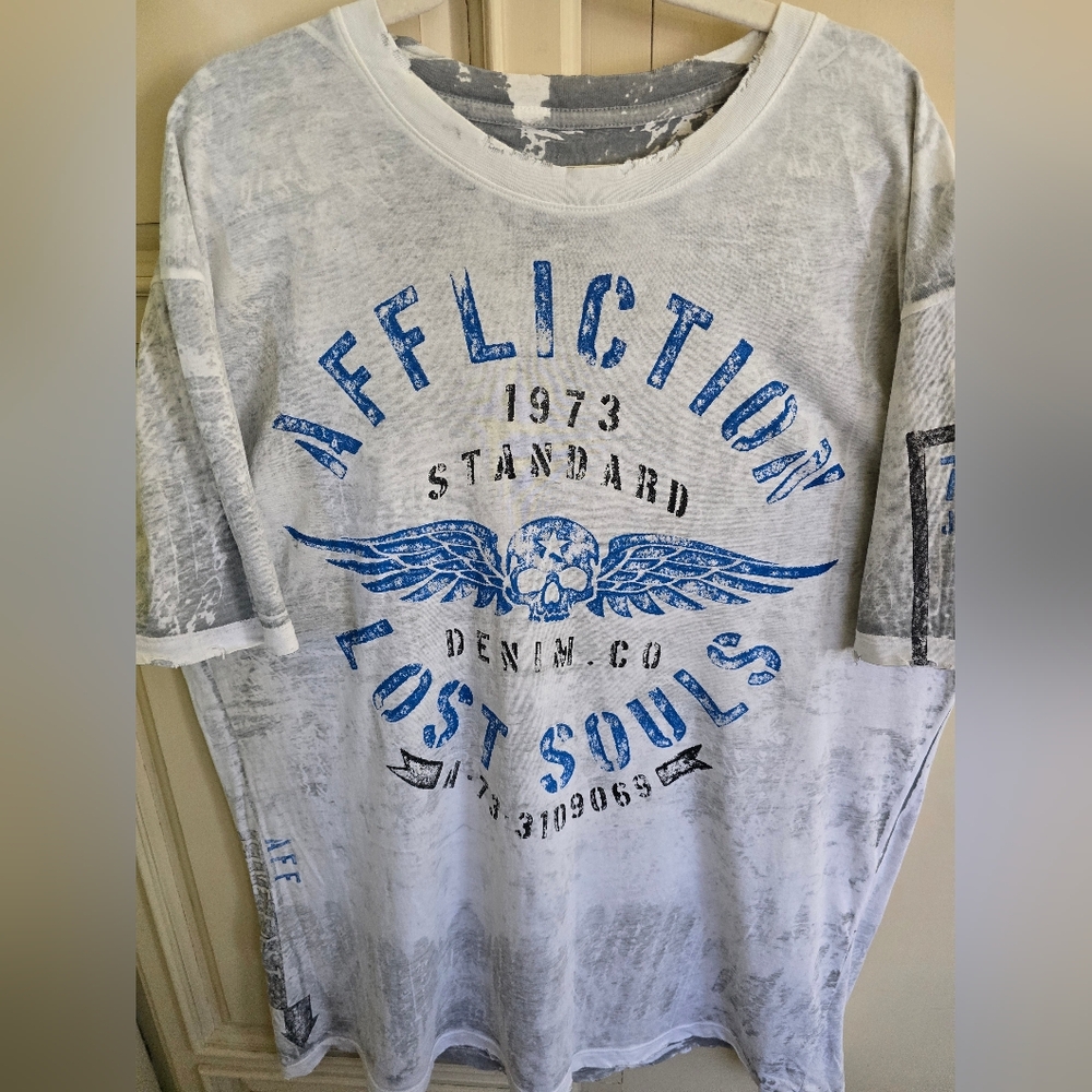 Rare Vtg Affliction White Reversible Graphic Tee with Blue 'Lost Souls' Print